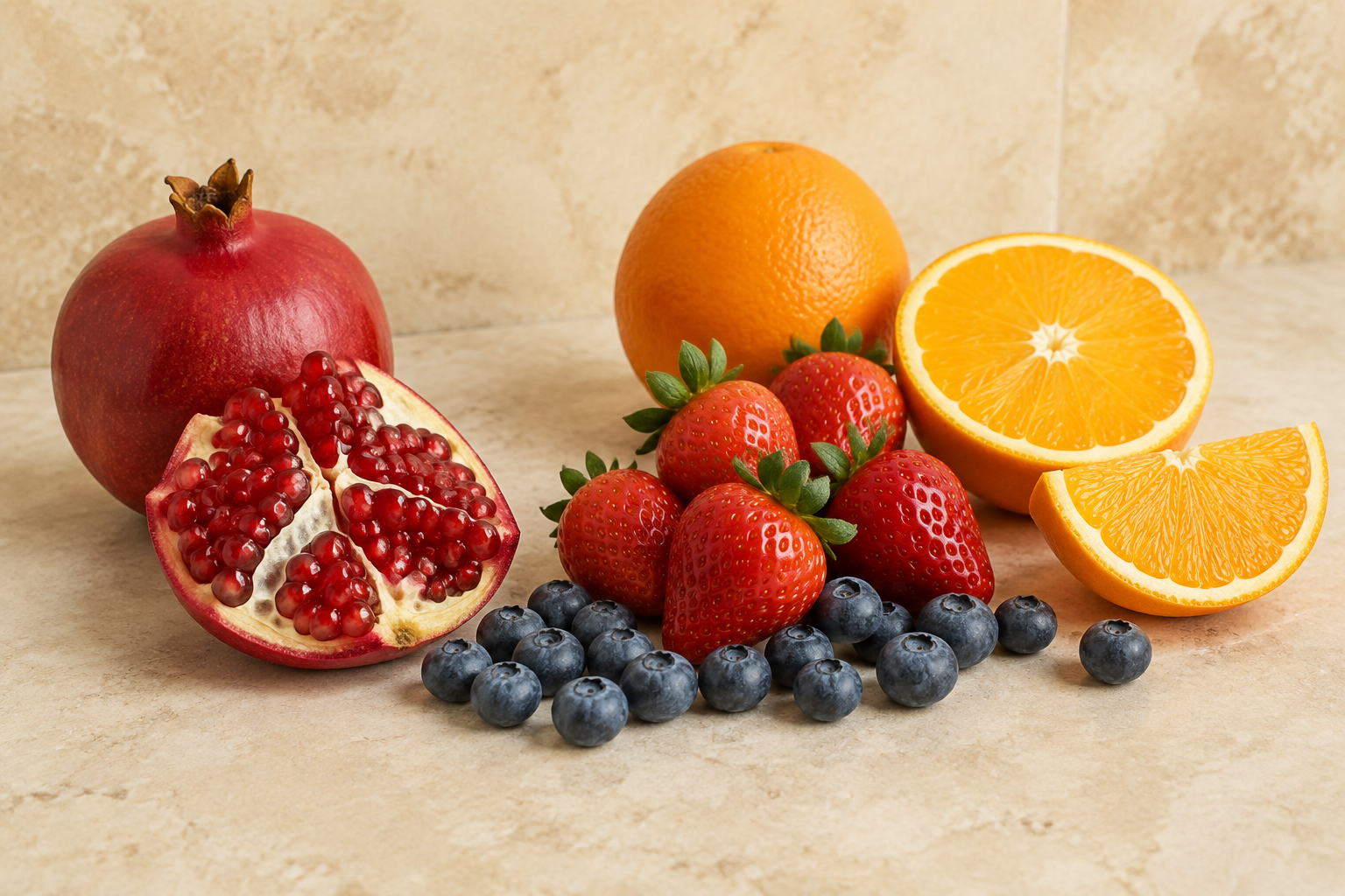 Fresh pomegranate, strawberries, blueberries and oranges